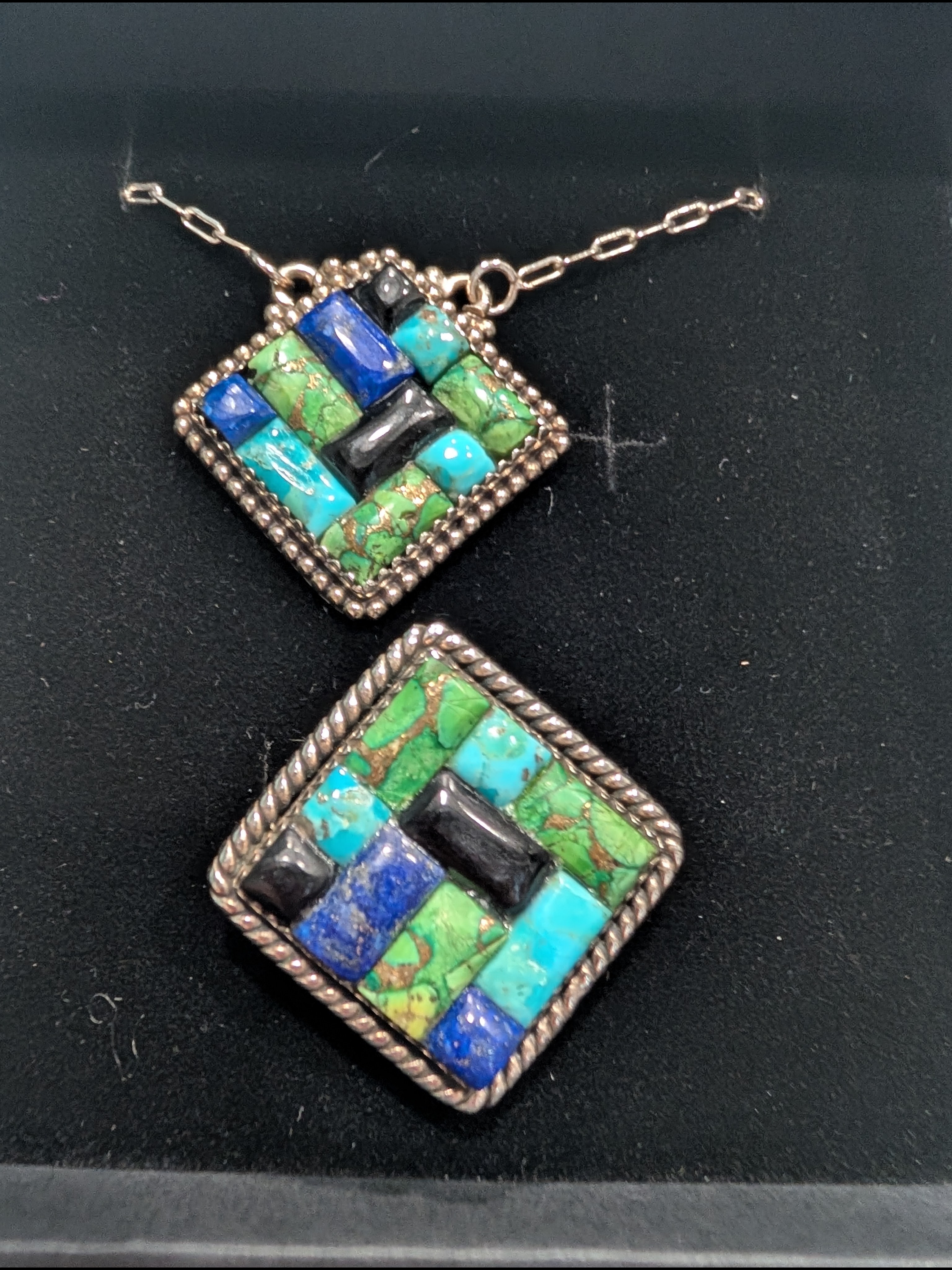Sterling Silver Cobble Stone Inlay Pendant & Ring Set - Mixed Turquoise & Lapis